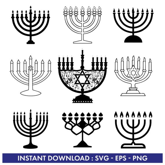 Menorah Hanukkah Candle Bundle: SVG, EPS, PNG - Chanukkah, Menorah Lights, Jewish Festival - Editable on Canva