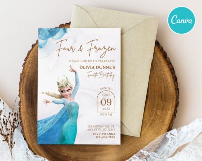 Frozen Theme Party Pack - Princess Elsa Birthday Invitation, Frozen Welcome Sign Birthday, Frozen Thanks Tag - Editable Canva Templates