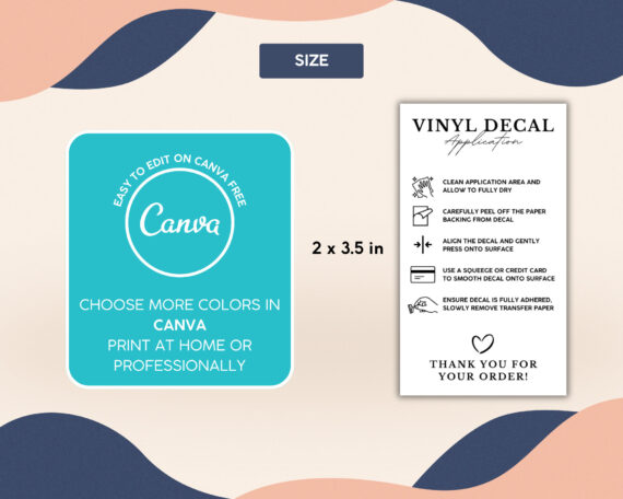 Vinyl Decal Application Card, Printable Vinyl Decal Care Card Instructions, Decal Instructions, Small Business Supplies - Editable on Canva