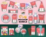 Party Favor Mockup Bundle on Canva: Chip Bag, Water Bottle, Juice Pouche, Chocolate Bar, Party Hat, Pop Can, Paper Cup & Plate, and Bubble