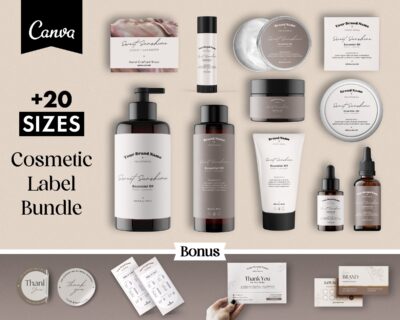 Editable Product Label Templates : Canva Cosmetic Mega Bundle, DIY Cosmetic Labels, Skincare Labels, Thankyou Cards, Price Lists and Cards