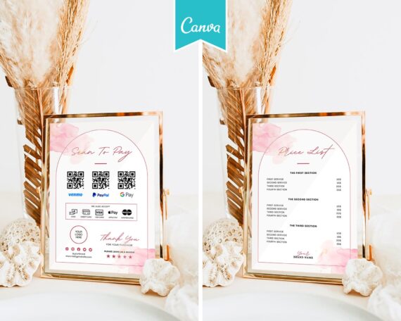 Scan To Pay Template & Price List Template, Editable Scan to Pay Card, QR Code Sign Template, Nail Makeup Hair Stylist, Printable Canva