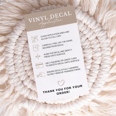 Vinyl Decal Application Card, Printable Vinyl Decal Care Card Instructions, Decal Instructions, Small Business Supplies - Editable on Canva