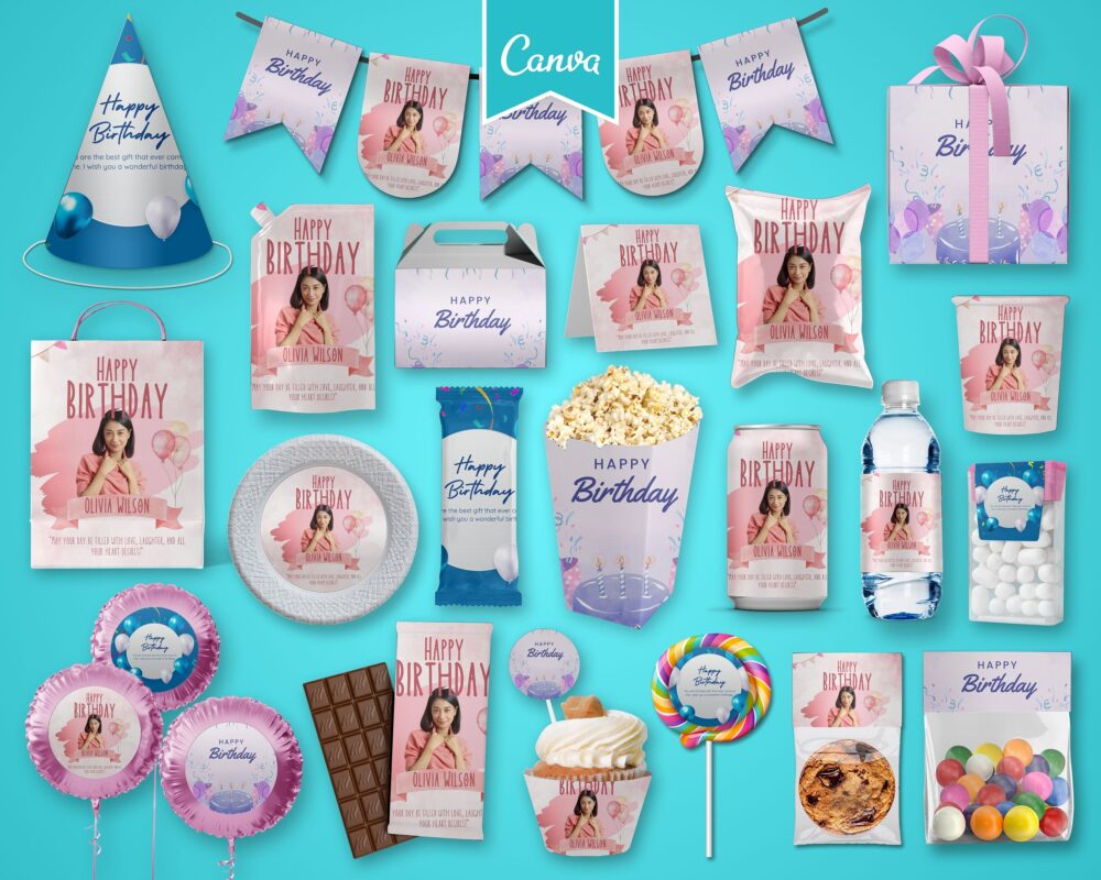 Party Mockup Bundle on Canva: Bunting, Chip Bag, Water Bottle, Juice Pouche, Chocolate Bar, Party Hat, Candy, Paper Cup & Plate, and Bubble