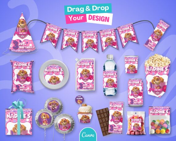 Party Favors Mockup Bundle on Canva: Chip Bag, Water Bottle, Juice Pouch, Chocolate Bar, Candy Bar, Party Hat, Pop Corn, Paper Cup, Cup Cake