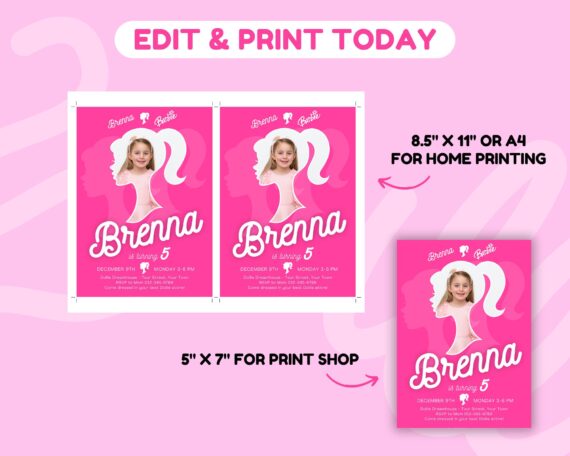 Editable Photo Fashion Doll Box Birthday Invitation, Printable Hot Pink Doll Box Party Invite, Kid Dollie Princess, Invitation for Girls