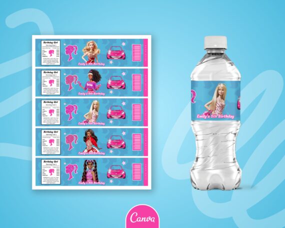 Editable Doll Party Favors Templates - Doll Birthday Snack Labels, Capri sun, Rice Crispy Treat, Hershey bar, Water Bottle, Chip Bag Design